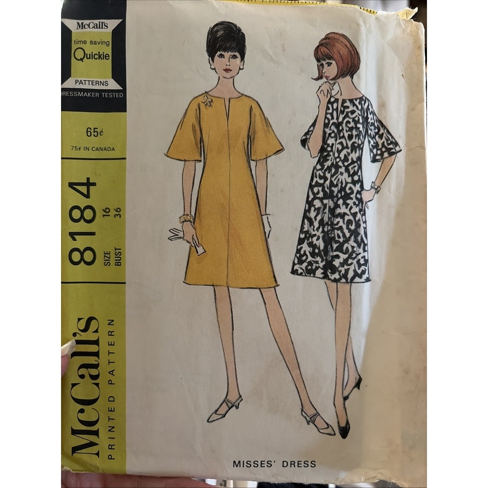 Vintage McCalls Sewing Pattern 8184 Size 16 Bust 36 1960s Mod Shift Dress Cut